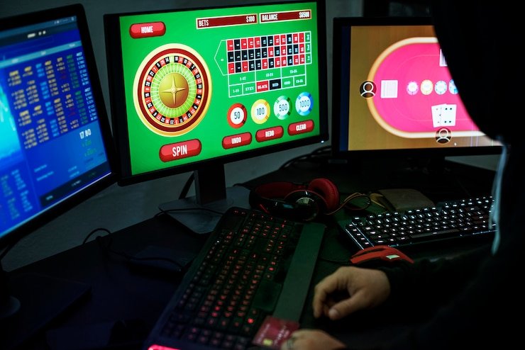 Dealer profesional menyajikan permainan Texas Hold'em Bonus langsung di studio multi-kamera